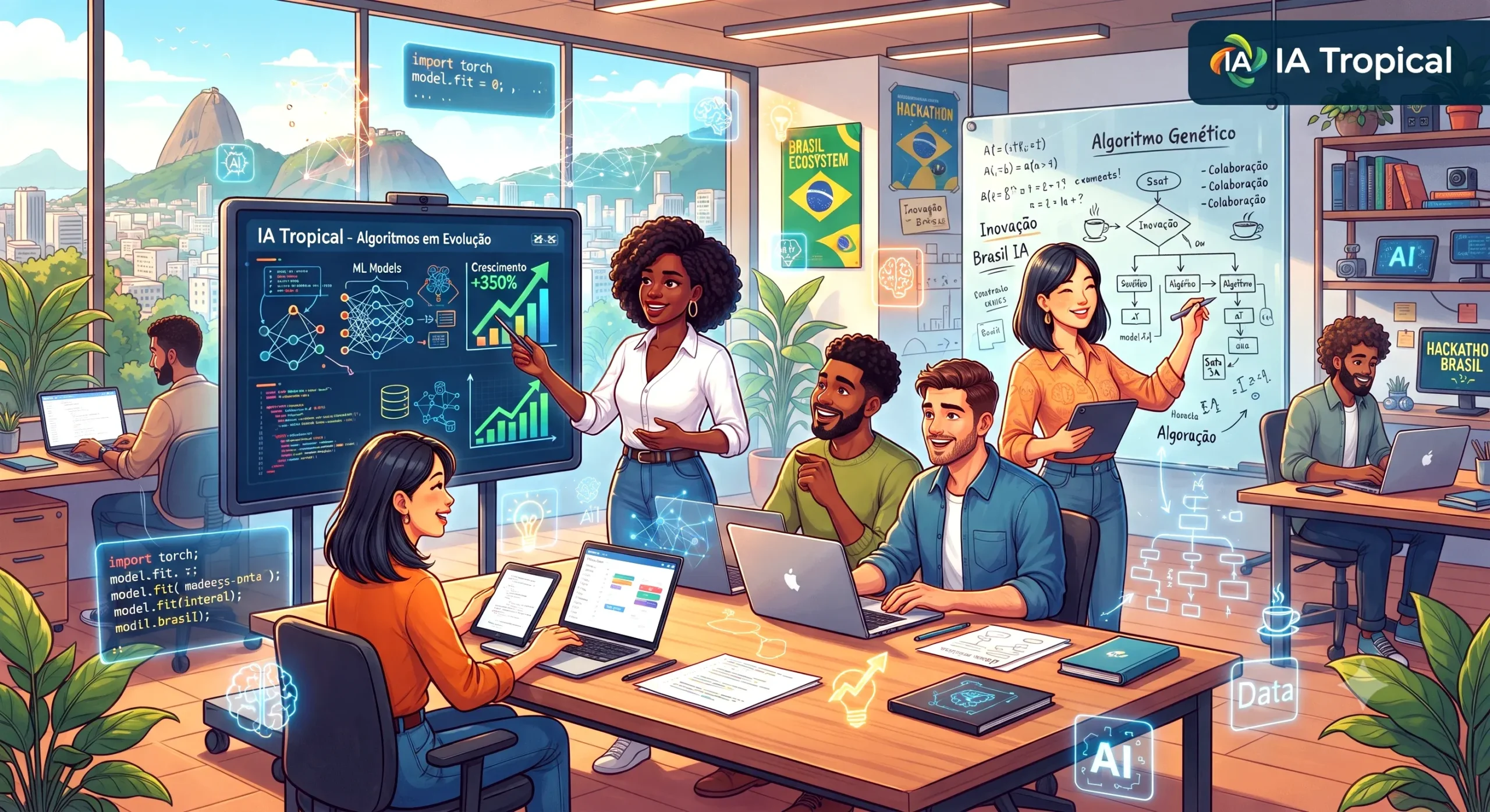 Ilustração de uma startup brasileira de IA, com pessoas diversas trabalhando juntas, rodeadas por el