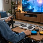 Pessoa usando joystick e botões adaptativos para jogar videogame