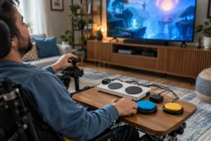 Pessoa usando joystick e botões adaptativos para jogar videogame