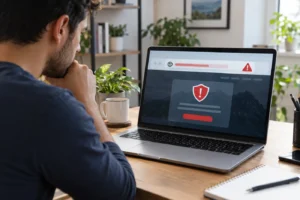 Pessoa verificando sinais de um site falso antes de clicar