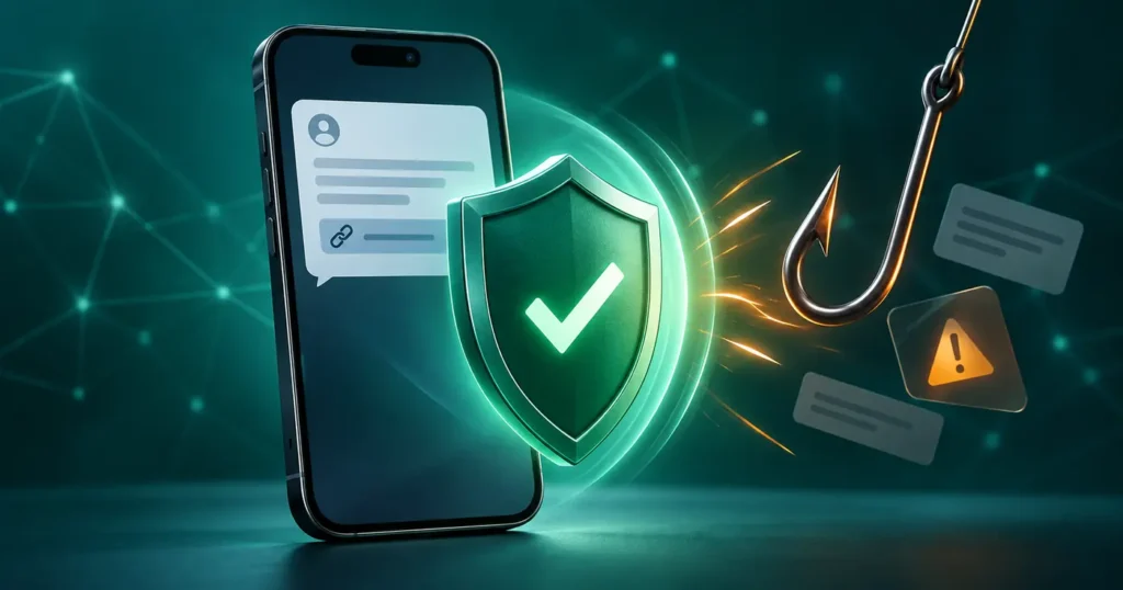 Celular protegido contra mensagem de phishing e tentativa de golpe